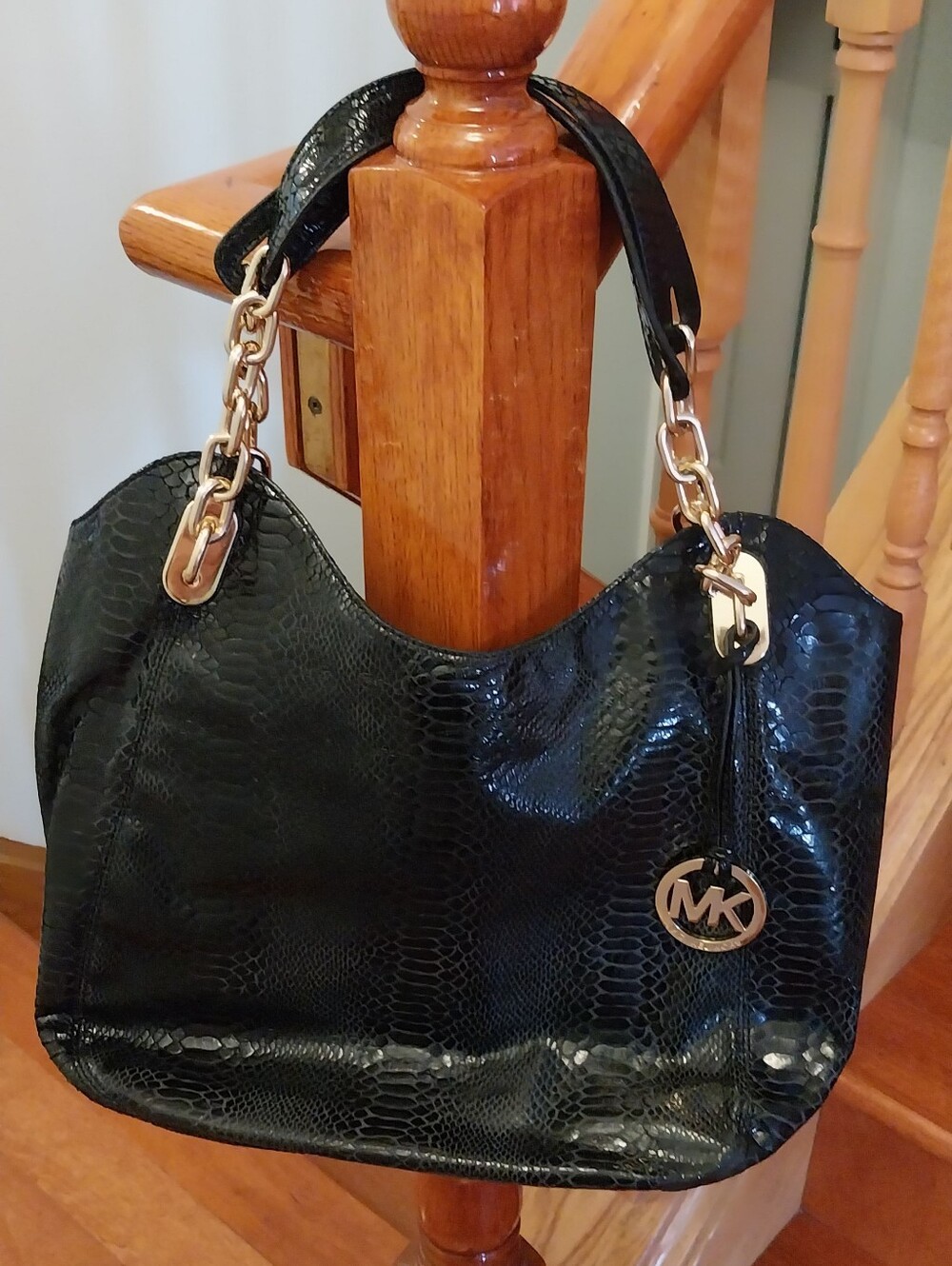 Michael Kors-Style Black Patent Hobo Bag with Gold Chain Handles